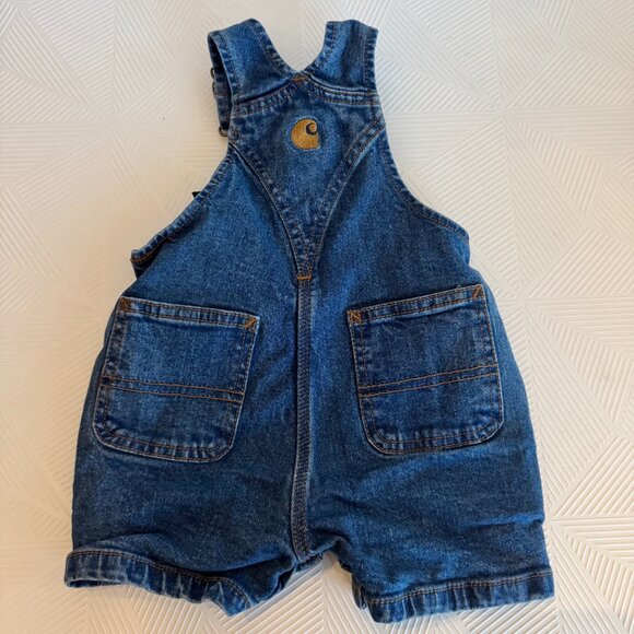 Carhartt Baby Denim Short Overalls Size 3 Months Classic Blue Jean Romper Logo - Picture 5 of 9
